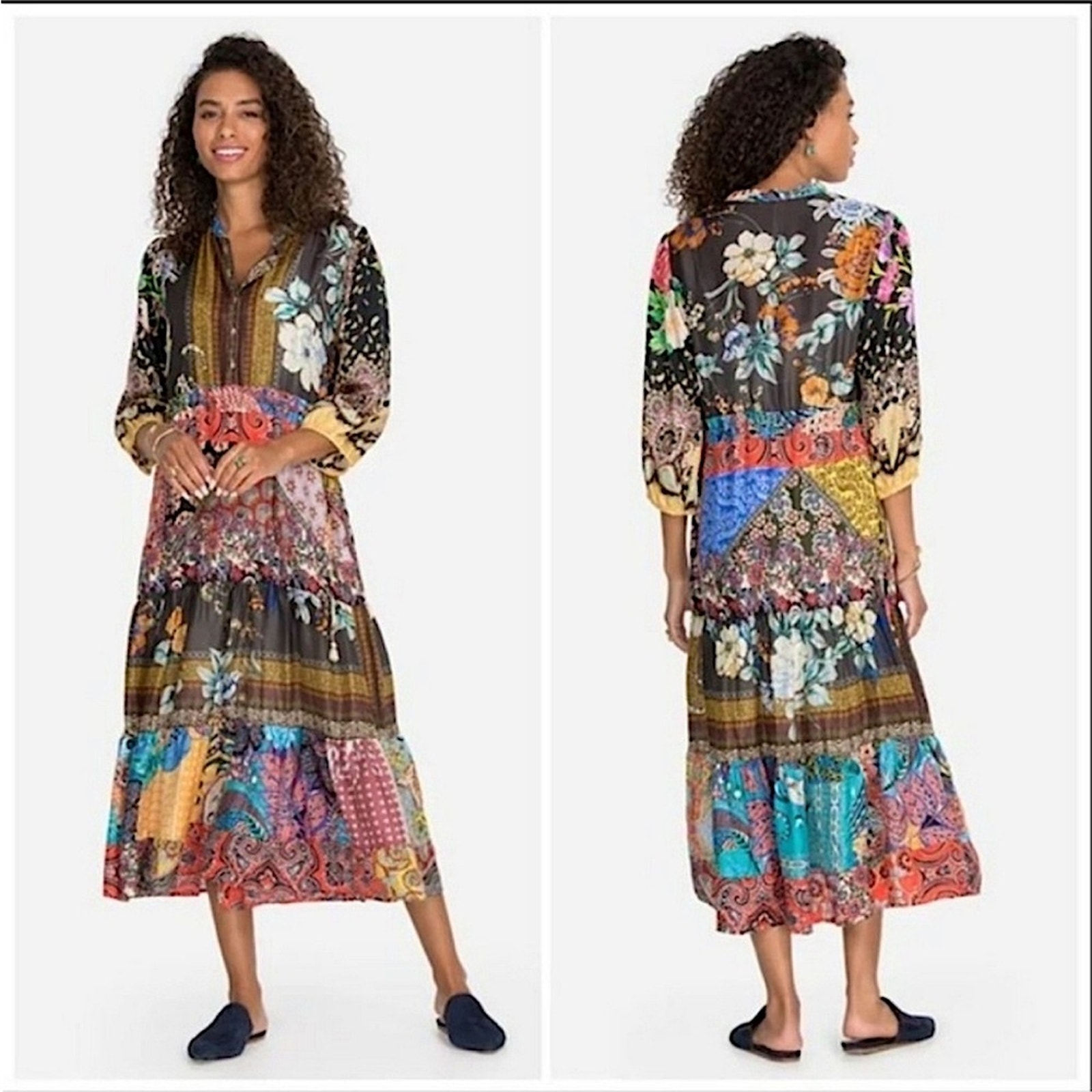 Johnny Was Multicolor Patchwork Floral Midi Dress - Black Base